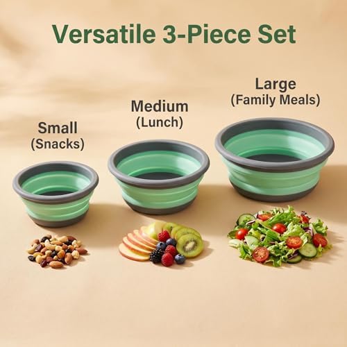 Collapsible Silicone Bowls with Lids, 3 Pack Food Grade Foldable Camping Bowl Set, Portable Travel Bowls for Salad, Ramen, Lunch, Outdoor Collapsible Food Storage Containers - Image 4