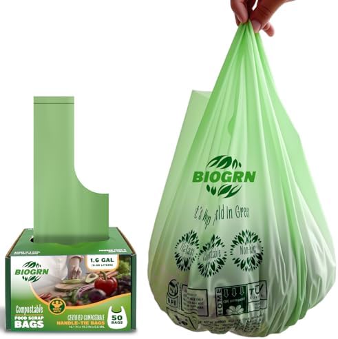 Compostable Trash Bags 1.2-1.6 Gallon Handle Tie 50 Count 0.6 Mil 6.06 Liter Small Compost Bags for Countertop Bin Biodegradable Bags Green for Kitchen ASTM D6400 & BPI Certified, OK Compost Home by BIOGRN