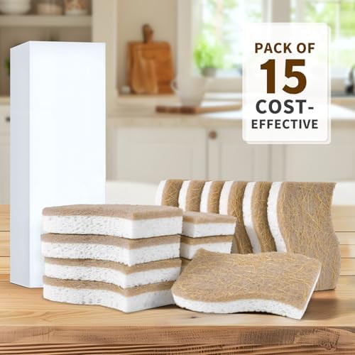 15 Pack Biodegradable Natural Kitchen Sponge - Compostable Cellulose and Coconut Walnut Scrubber Sponge - Eco Friendly Non Toxic Sustainable Sponges for Kitchen Dishes, Non Scratch Cleaning Sponge - Image 6
