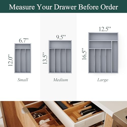 Silverware Organizer, Bamboo Kitchen Drawer Organizer, Utensil Holder, Cutlery Tray & Spoon Flatware Storage with Grooved Drawer Dividers (Grey, 6.7''W x 12''D) - Image 3