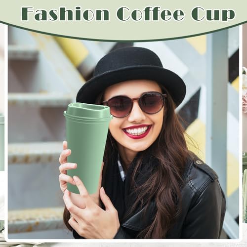 FillTouch 12 Pcs 16 oz Reusable Coffee Cups with Lids, Green Gradient - Image 5