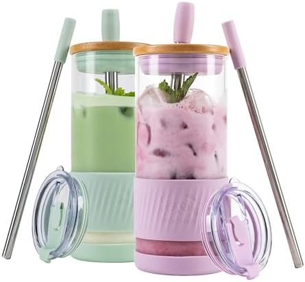 Pandaloo® Glass Cups With Lids and Straws -20 Fl Oz- Perfect Size Iced Coffee Cup - Smoothie Cup With Bamboo Lid and On the go Lid - Glass Tumbler (2 Count (Pack of 1), Lilac-Sage) by Pandaloo