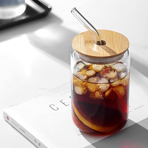 WISIMMALL Drinking Glasses with Bamboo Lids and Glass Straw 2PCS Set, 16oz Glass Cups with Lids and Straws, Beer, Iced Coffee Glasses, Soda, Gift 1 Cleaning Brushes - Image 2