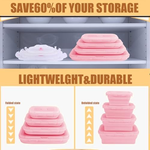 4 Collapsible Silicone Food Storage Containers, Square, Pink - Image 5
