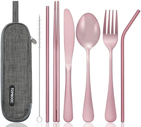 Portable Stainless Steel Flatware Set, Travel Camping Cutlery Set, Portable Utensil Travel Silverware Dinnerware Set with a Waterproof Case (Pink) by Topbooc