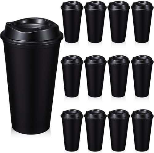 12 Pcs 16 Oz Reusable Coffee Cups with Lids - Plastic Travel Hot Cups Bulk Coffee Tumblers for DIY Hot Cold Drinks Party Favors Coworker (Black) by Unknown