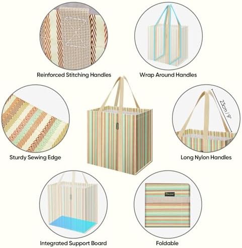 BALEINE 4 PK Grocery Bags Reusable Shopping Bags with Reinforced Bottom, Heavy Duty Foldable Tote Bags (Color Strip) - Image 3