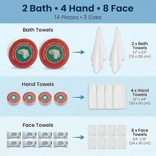 14-Pack Disposable Travel Towels, 3 Sizes, 2 Extra Large Bath Towels - Image 3