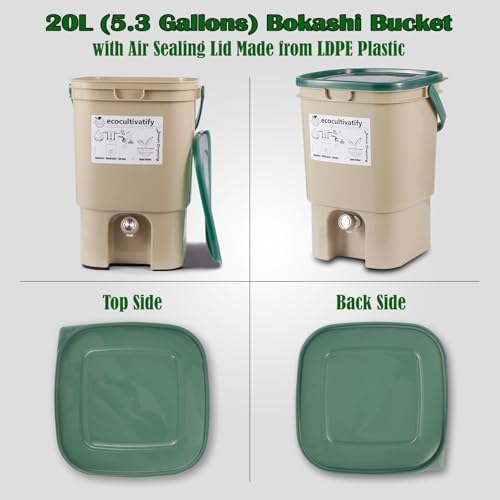 20L Bokashi Compost Bin, 5.28 Gallon Compost Bin for Kitchen Composter with Lid, Bokashi Start Kit with Bran (Tan & Dark Green) (20L/5.28GAL Tan & Dark Green) - Image 3