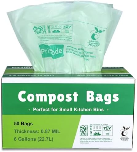 Compostable Bags 6 Gallon Food Scraps Yard Waste Bags, 50 Count, Extra Thick 0.87 Mil. ASTMD6400 Compost Bags Small Kitchen Trash Bags, Certified By BPI And TÜV AUSTRIA by Primode