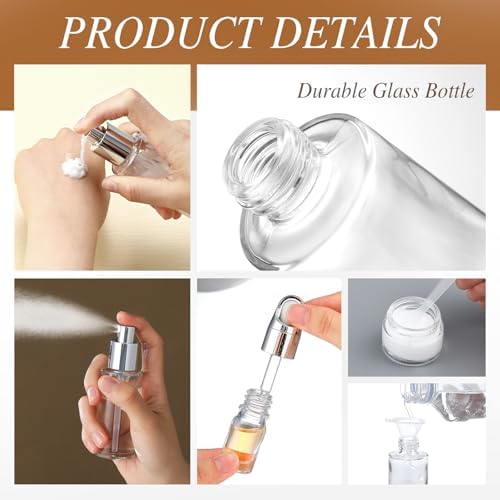 Jingmore 13 Pcs Glass Skincare Travel Containers Mini Makeup Containers Travel Size Toiletries Bottles with Pump Spray and PU Leather Toiletry Bag for Liquid Serum Cream Moisturizers Oils (Silver) - Image 3