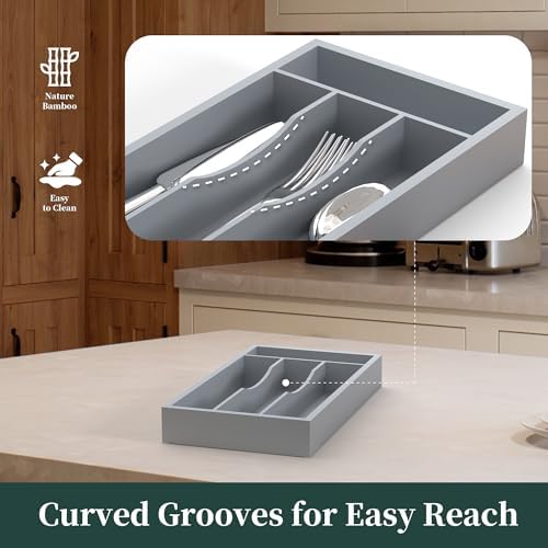 Silverware Organizer, Bamboo Kitchen Drawer Organizer, Utensil Holder, Cutlery Tray & Spoon Flatware Storage with Grooved Drawer Dividers (Grey, 6.7''W x 12''D) - Image 4