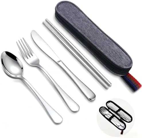 5 Piece Travel Utensils Set With Case, Stainless Steel, Silver by Unknown