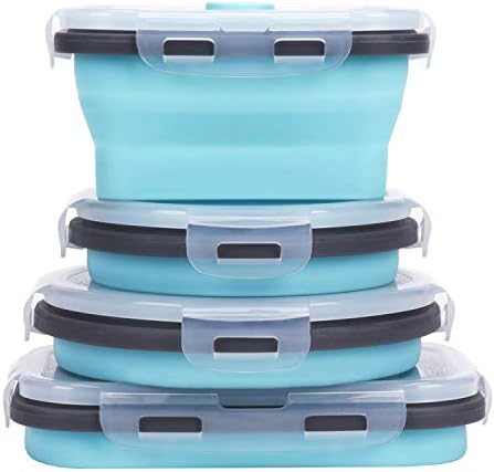 KUON Collapsible Silicone Food Storage Containers with Airtight Lids, Set of 4 Stacking Container, Microwave and Freezer and Dishwasher Safe, with Vent Valve, BPA Free (350ml and 500ml) by KUONGO