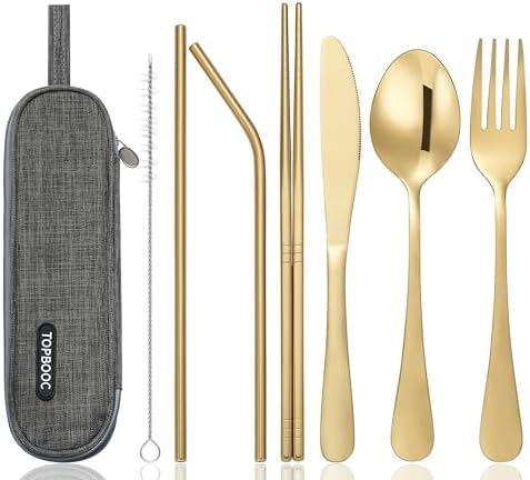 Portable Stainless Steel Flatware Set, Travel Camping Cutlery Set, Portable Utensil Travel Silverware Dinnerware Set with a Waterproof Case (Gold) by Topbooc
