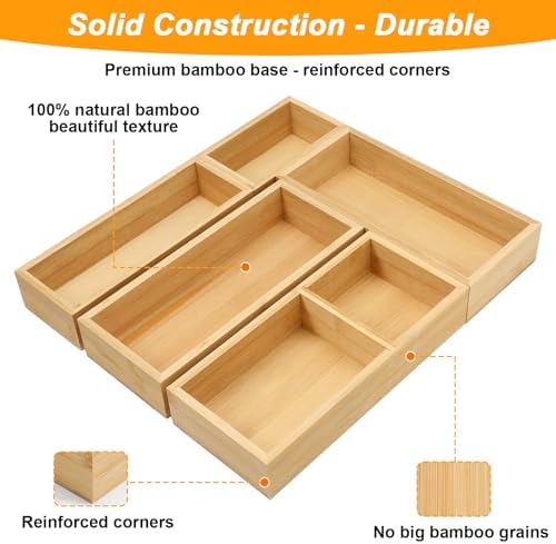 5-Piece Bamboo Drawer Organizer Storage Boxes Kitchen Multi-purpose Storage Dividers Drawer Organizer Set for Office Vanity Closet & Bathroom Kitchen Office Jewelry Cosmetics - Image 3