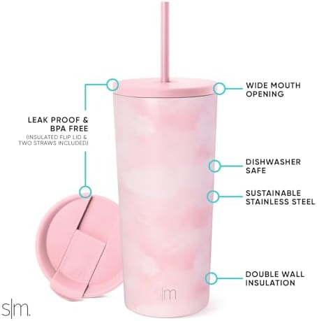 Simple Modern Insulated Tumbler with Lid and Straw | Iced Coffee Cup Reusable Stainless Steel Water Bottle Travel Mug | Gifts for Women Men Her Him | Classic Collection | 20oz | Blush Tie Dye - Image 2