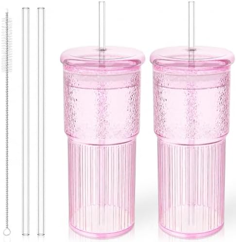 Luiaiog Glass Cups with Lids and Glass Straws, High Borosilicate 20OZ Pink Tumblers (2Pcs) for Coffee, Tea, Juice, Smoothies, Hot & Cold Drinks at Home/Office by Luiaiog