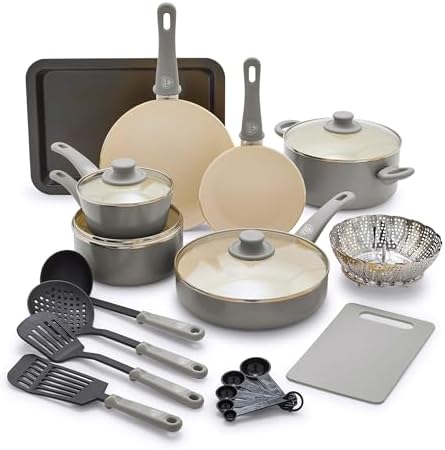 GreenLife Soft Grip Healthy Ceramic Nonstick 18 Piece Kitchen Cookware Pots and Frying Sauce Saute Pans Set, PFAS-Free with Kitchen Utensils and Lid, Dishwasher Safe, Gray by GreenLife