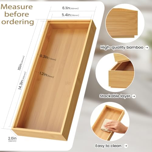 Bamboo Drawer Organizer, Stackable Utensil Trays for Kitchen, Wood Silverware Organizer for Drawer, Set of 2-15"x6"x2" - Image 5