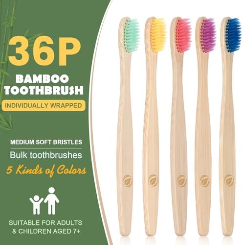 36 Kids Bamboo Toothbrushes Aged 5+, Individually Wrapped Bulk Toothbrush - Image 2