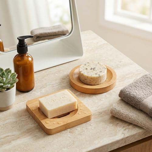 2 Pcs Bamboo Soap Dish Holders, Shower Steamer Holder, Round Natural Wooden Soap Trays, Rustic Bathroom Accessories for Kitchen Bathroom Accessories(Round and Square) - Image 5