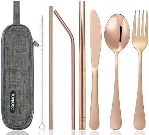 Portable Stainless Steel Flatware Set, Travel Camping Cutlery Set, Portable Utensil Travel Silverware Dinnerware Set with a Waterproof Case (Rose God) by Topbooc