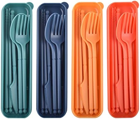 Reusable Utensils Set with Case, 4 Sets Plastic Spoons and Forks Set by NANAOUS