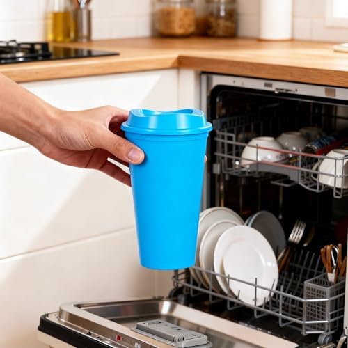 16oz Reusable Plastic Coffee Cups with Lids, 13 Pack, Blue - Image 3