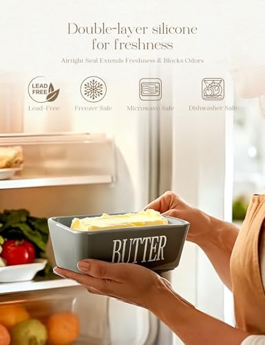 Ceramic Butter Dish with Lid and Knife & Silicone Seal for Countertop Grey - Image 3