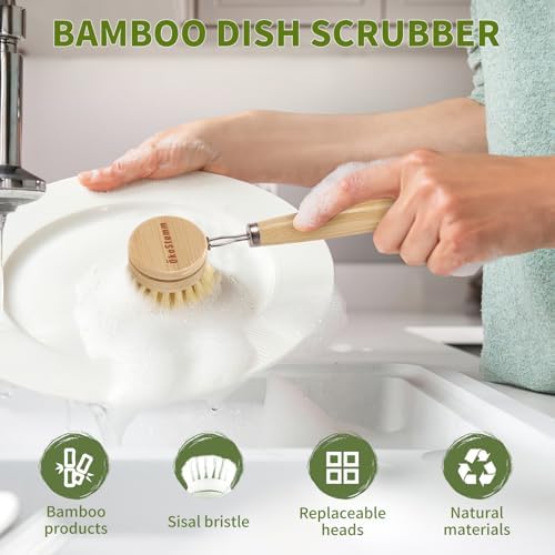 Long Handle Bamboo Dish Brush Set with 4 Replacement Brush Head - Image 3