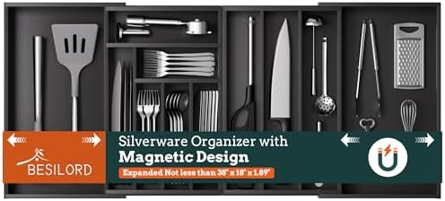 Bamboo Expandable Silverware Drawer Organizer 11 Slots Utensil Holder Black by Besilord