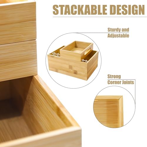 HOMESTEAD 3-Piece Stackable Bamboo Storage Box, Large Storage Bin, Wooden Boxes for Makeup Drawer Organizer Bathroom, Office Supplies, Kitchen Utensils, Bamboo Storage Containers (Medium) - Image 4