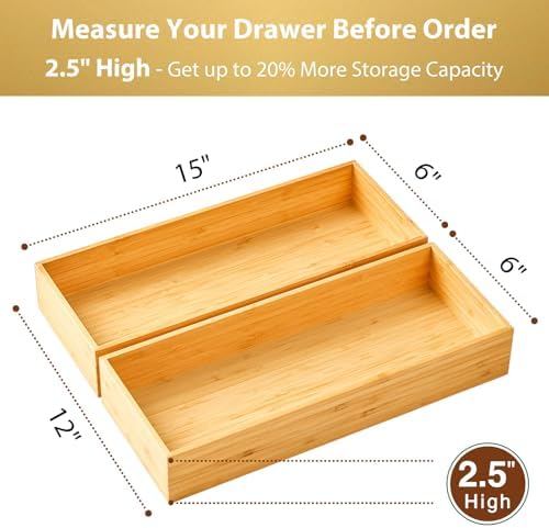Umilife Bamboo Kitchen Utensils Organizer, Extra High Silverware Drawer Tray, Flatware Cutlery Storage Box, Multi-Use Holder in Office, Bathroom, Pantry - 15"x6"x2.5" (Set of 2) - Image 2
