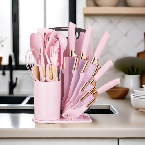 19-Piece Kitchen Utensil and Knife Set, Pink - Image 2