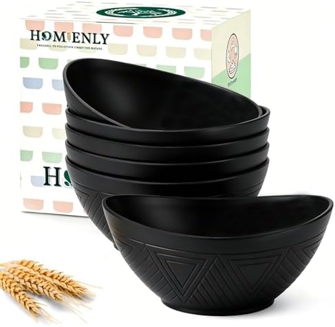 Homienly Wheat Straw Serving Bowls Unbreakable Oval Bowls Set of 6 Soup Bowls Microwave Safe Cereal Bowls for Kitchen, Camping, Party Dishwasher Safe Plastic Bowls for Dinner, Soup (26 OZ Black) by HOMIENLY