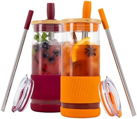 Pandaloo® Glass Cups With Lids and Straws -20 Fl Oz- Perfect Size Iced Coffee Cup - Smoothie Cup With Bamboo Lid and On the go Lid - Glass Tumbler (2 Count (Pack of 1), Boysenberry-Autumn Gold) by Pandaloo