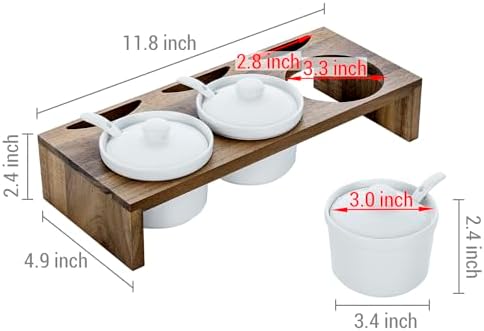 MyGift 10 Pcs Condiment Pot Serving Dish Set, Hosting Essentials, Premium Acacia Solid Wood Raised Display Server Tray and 3 Ceramic Ramekin Dip Bowls with Lids and Spoons - Image 5