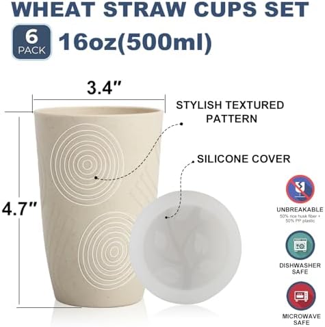 Wrova Wheat Straw Cups with Silicone Covers 16oz Set of 6 - Alternative Plastic Cups Microwave & Dishwasher Safe - Plastic Drinking Cups Unbreakable for Kids - Beige - Image 2