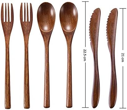 Wooden Spoon Fork Knife Eating Flatware Set Portable Utensil Set with Case, Reusable Wooden Cutlery Travel Utensils Set, 2 Spoons and 2 Forks and 2 Knives (Color 2) - Image 2