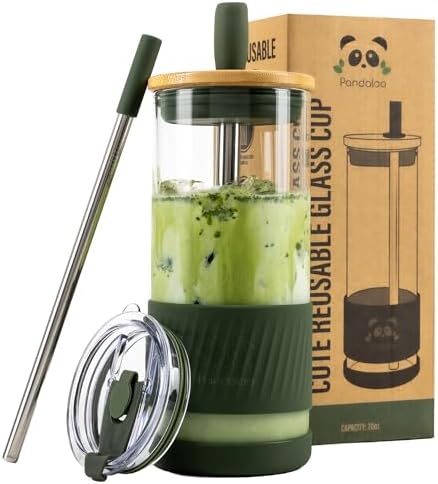 Pandaloo® Glass Cups With Lids and Straws -20 Fl Oz- Perfect Size Iced Coffee Cup - Smoothie Cup With Bamboo Lid and On the go Lid - Glass Tumbler With Straw (1 Count (Pack of 1), Mediterranean Olive) by Pandaloo