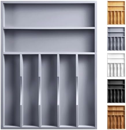 Kitchen Bamboo Silverware Organizer, Kitchen Drawer Organizer - Utensil Holder and Cutlery Tray with Grooved Drawer Dividers for Flatware 7 Slot, Grey by oridom