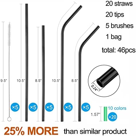 20 Pcs Black Reusable Stainless Steel Straws,10.5" & 8.5" Reusable Drinking Straws with 20 Silicone Tips 5 Straw Brushes 1 Travel Case,Eco Friendly Extra Long Metal Straw for 20 24 30 oz Tumbler - Image 2