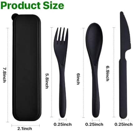Travel Utensils with Case, Camping Utensil Sets, Wheat Straw Portable Knife Fork Spoons Tableware, Reusable Utensils for Lunch Box (Black) - Image 2