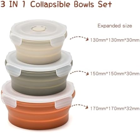 Collapsible Bowls with Lids, Reusable Silicone Food Storage Containers for Meal Prep, Camping Must Haves Accessories ， Microwave Freezer Safe Dishwasher Safe Leak Proof，Set of 3 with Lids - Image 2