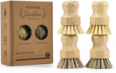 4 Pack Bamboo Dish Brush Set, Natural Palm Dish Scrubber for Pots and Vegetables, Sisal Bristle Bamboo Scrub Brush for Cleaning Dishes and Pans by VALENTISE