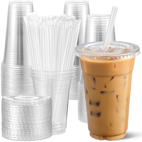 AOZITA [100 Sets 12 oz Clear Plastic Cups With Lids and Straws, Disposable Cups With Lids for Iced Coffee, Smoothie, Milkshake and Cold Drinks. by AOZITA