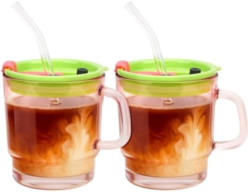Luxfuel 13oz Tumbler Water Glass Cups with Lid and Straw, 2 Pack Reusable Iced Coffee Cups with Handle, Sealed Carry on for Iced Tea, Coffee, BPA-Free Glass Tumblers for Home, Office, Party, Outdoor by Luxfuel