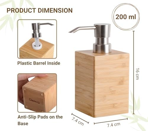 Clasin Home Bamboo Soap Dispenser with Anti-Slip Pads and Stylish Horizontal Wood Grain, Hand Dispenser for Bathroom, Kitchen, Dish, Lotion, Shampoo, Liquid Soap (7 Oz) - Image 3