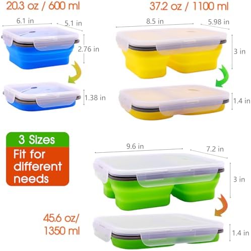 Set of 3 Collapsible Silicone Bento Lunch Boxes With Lids Spoon Fork, Divided Compartments Food Storage Containers, Safe in Microwave, Dishwasher and Freezer, BPA Free (Assorted 3PCS) - Image 4